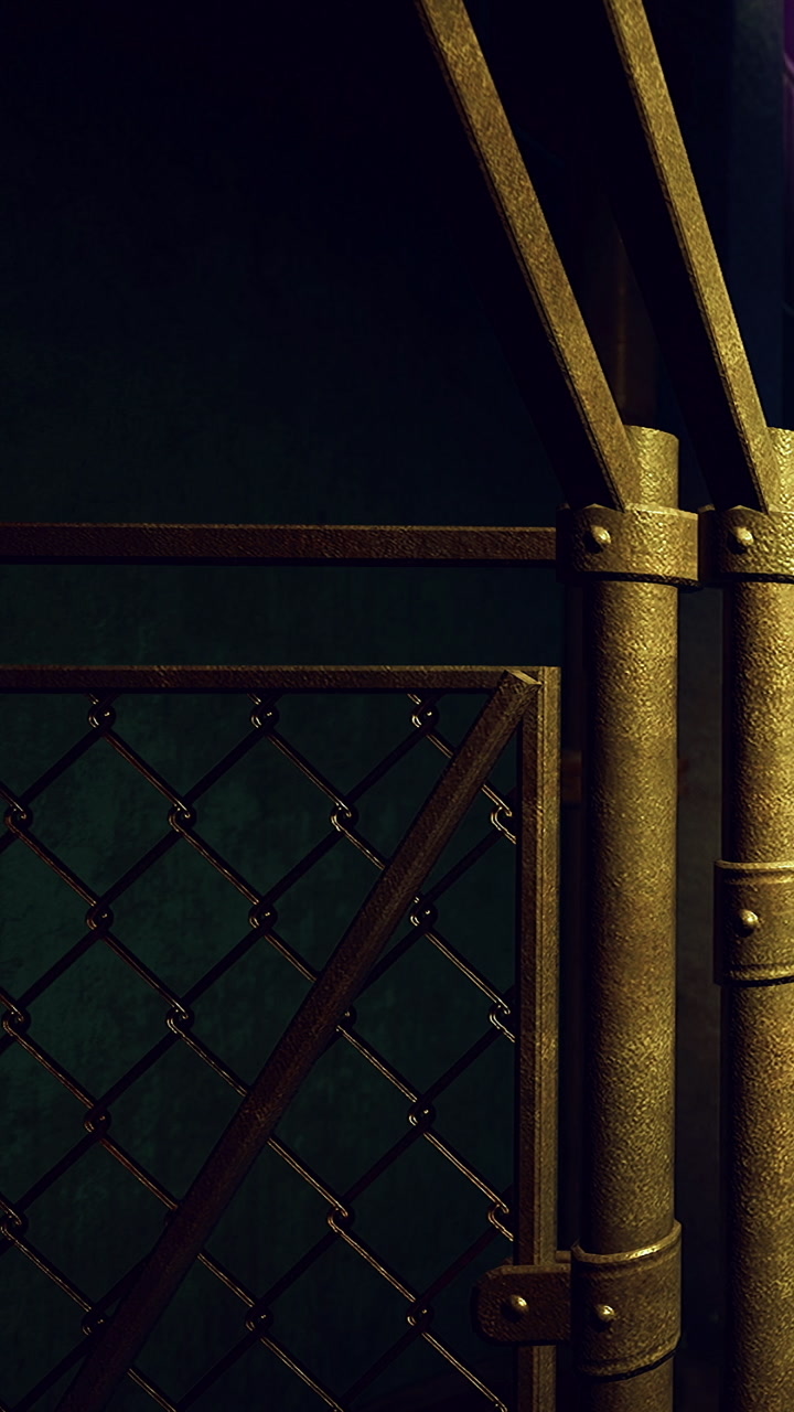 Metal fence with dark background in urban setting at night