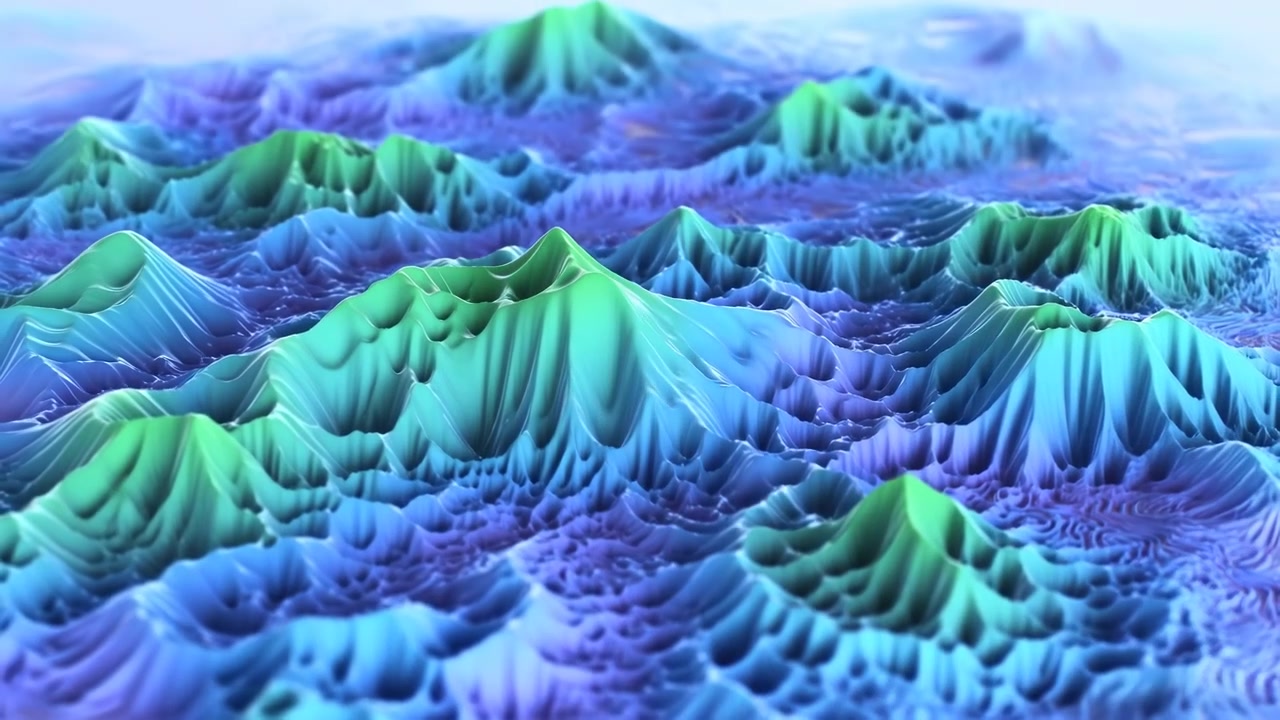 Sculpted miniature landscape with rising peaks, deep valleys, and rippling contour forms shifting in cool cyan, teal, aqua, mint, and pale lavender light, with abstract, terrain, topography, relief