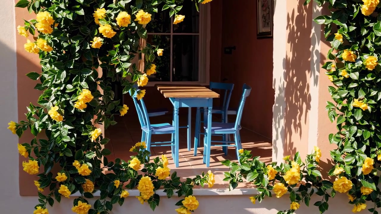 Mesa y sillas azules en una terraza soleada con rosas amarillas