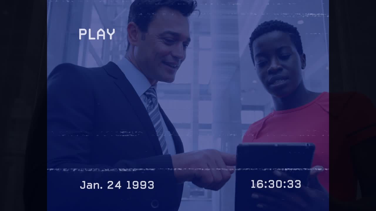 Animation of interference over diverse business people using tablet