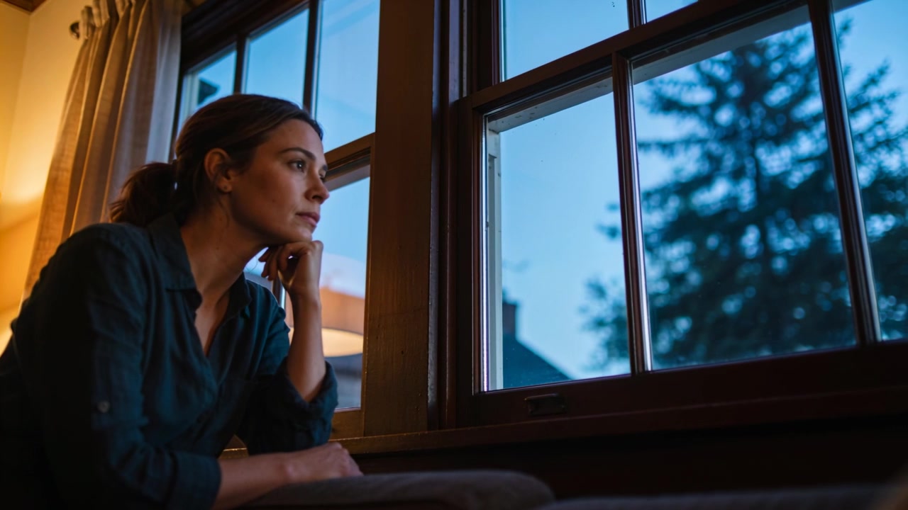 Sitting on couch, woman in dark shirt resting chin, reflecting by paned window with dusk deepening