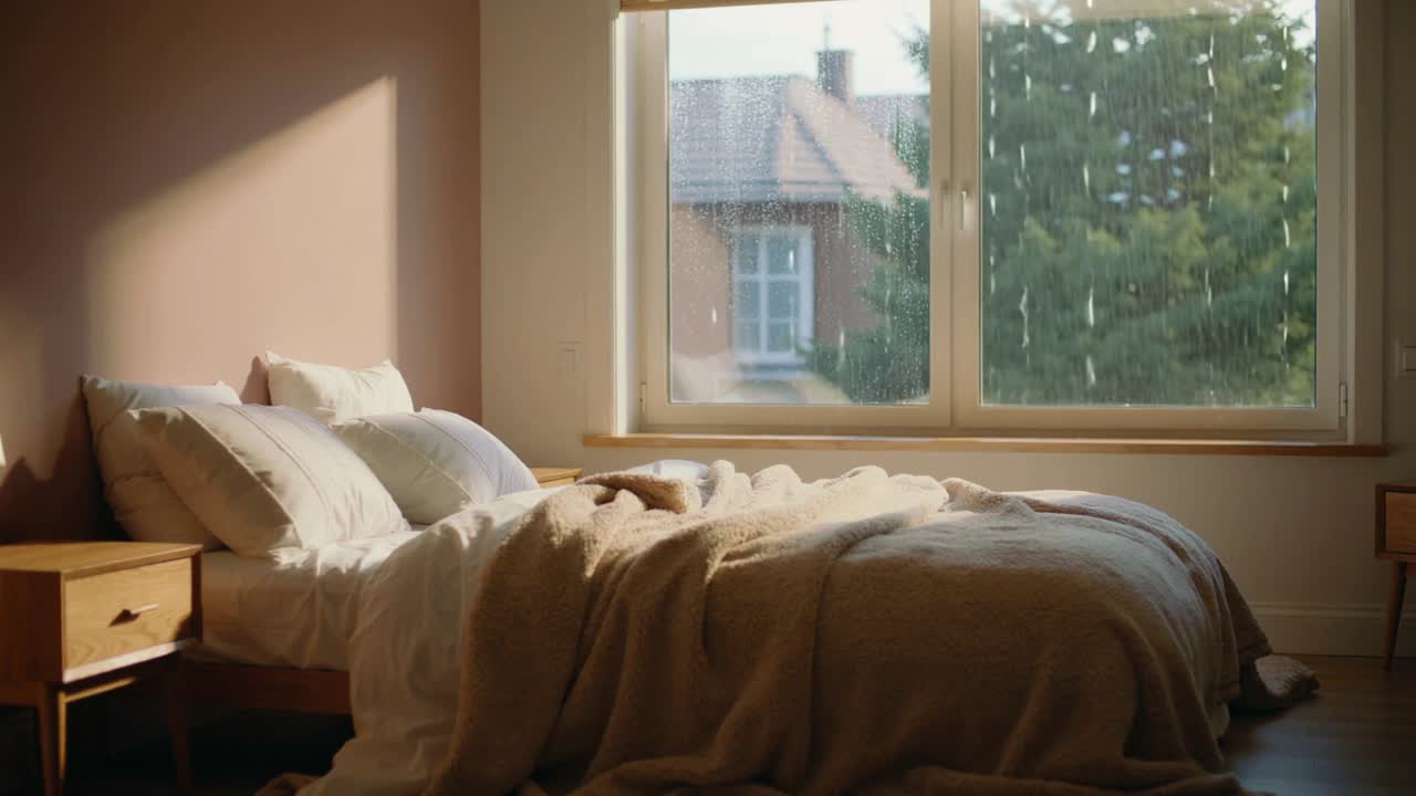 Letto centrato nella cornice della camera da letto, con pioggia che inizia e gocce che striano la finestra.