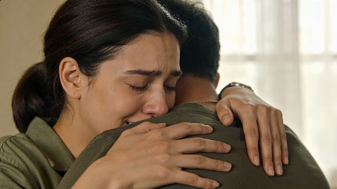Crying woman seeking comfort, pressing into man's olive-green shirt at home, wristwatch visible