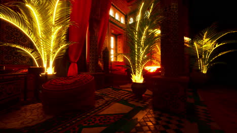 moroccan interior design with red curtains and glowing lamps