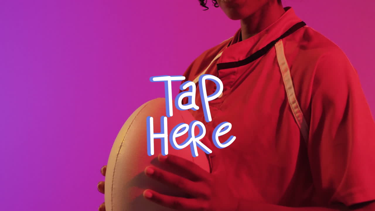 Holding rugby ball, person with Tap Here text in neon green animation