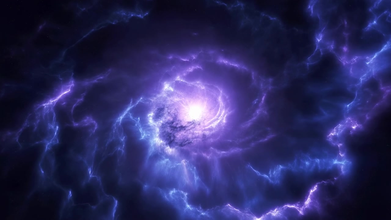 Vortice cosmico viola che turbina con energia, nucleo galattico che irradia plasma elettrico e fulmini, in un movimento vorticoso.