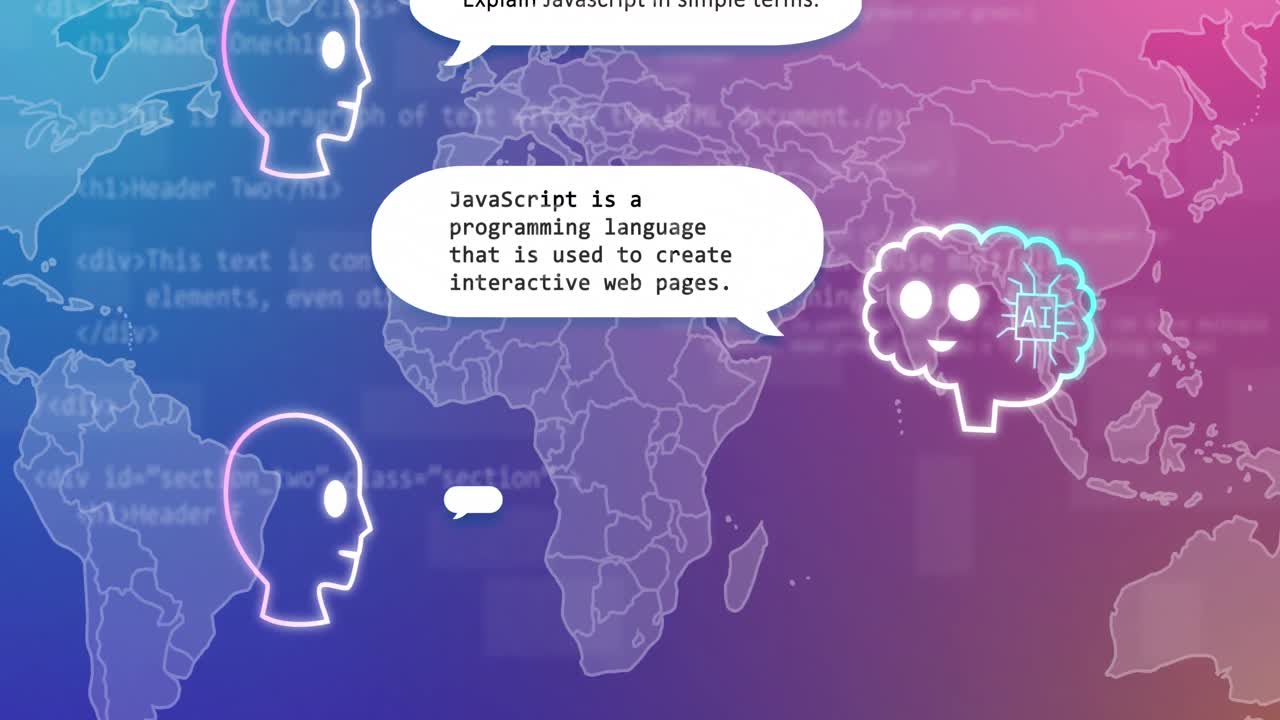 세계 지도 위의 인공지능 텍스트 및 데이터 처리의 애니메이션