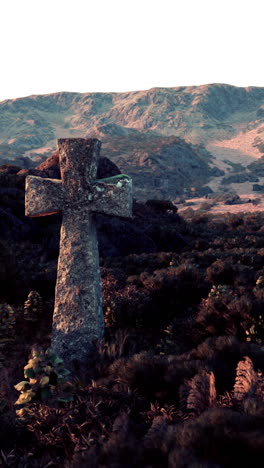 a stone cross in a graveyard