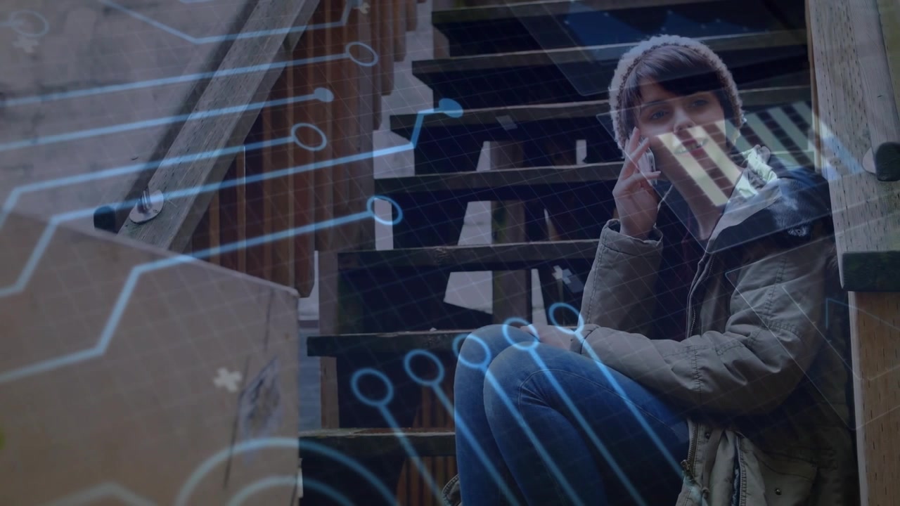 Young Woman Talking on Smartphone on Outdoor Stairs with Digital Overlay
