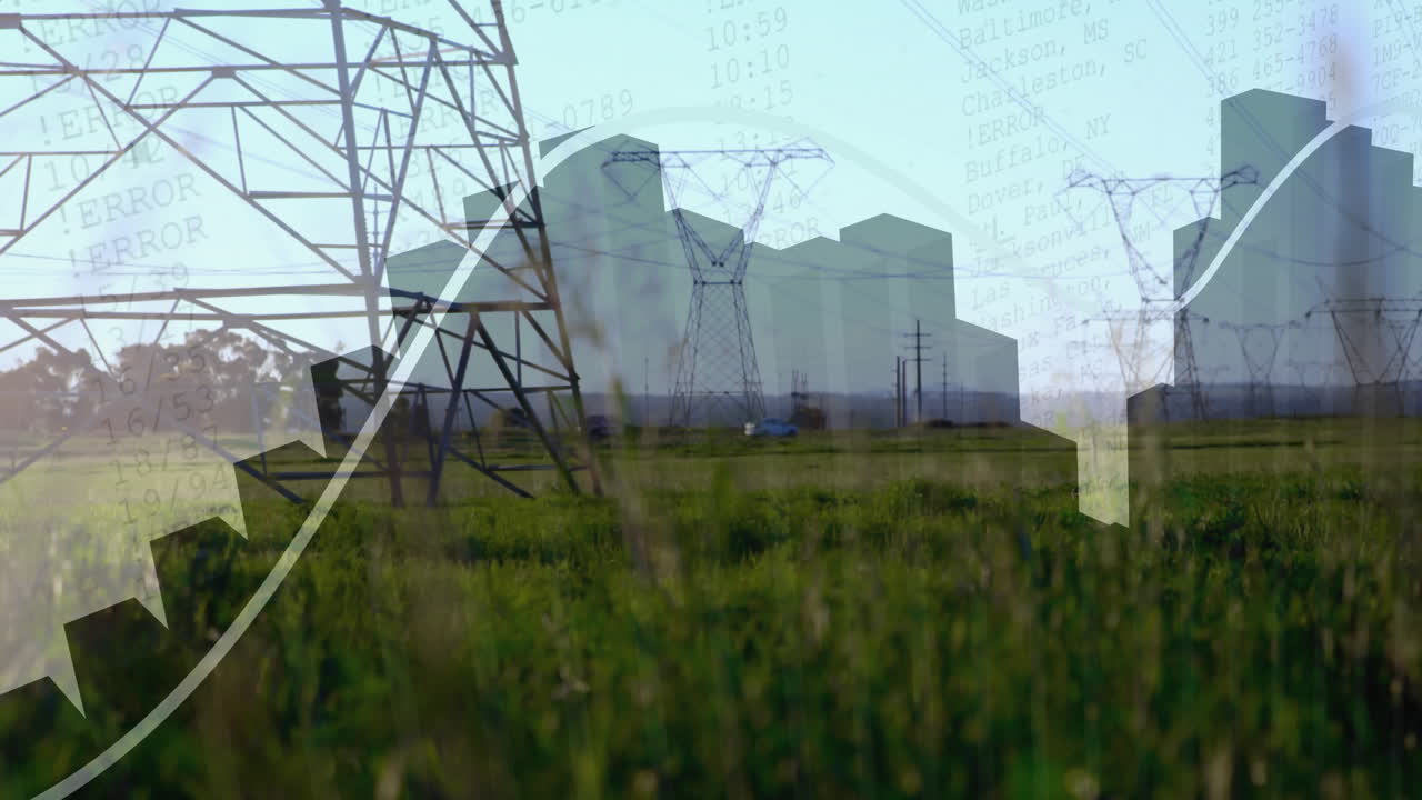 Steel lattice transmission tower rising over green field, displaying flat design bar chart overlays
