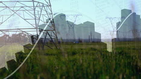 steel lattice transmission tower rising over green field, displaying flat design bar chart overlays