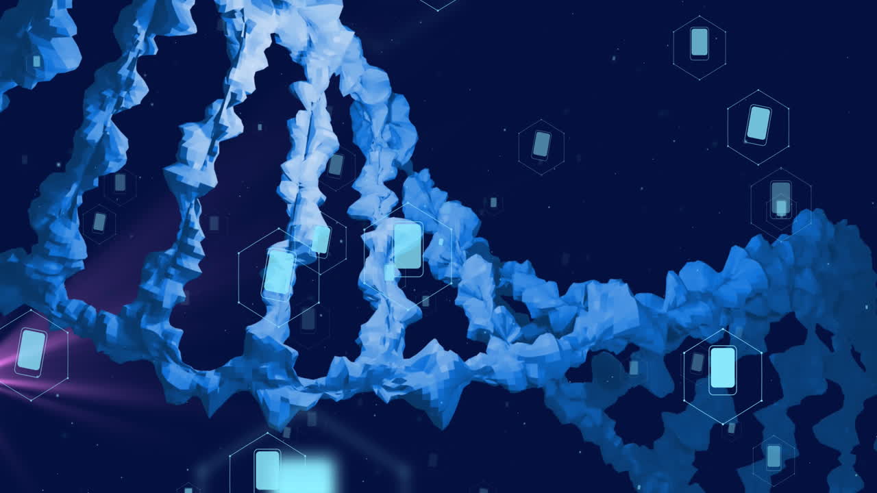 Animation of icons, dna strand over data processing