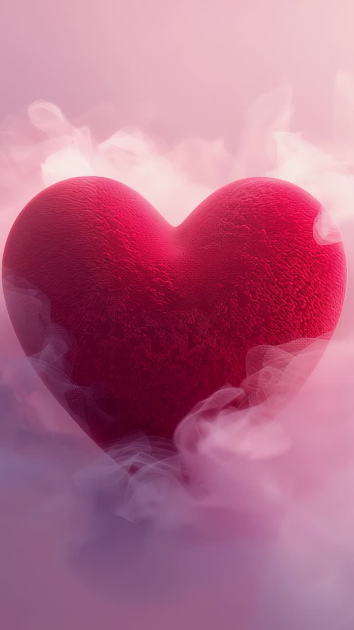 Video verticale: riproduzione iniziale con nebbia che si diffonde attorno a un grande cuore rosso texturizzato in studio
