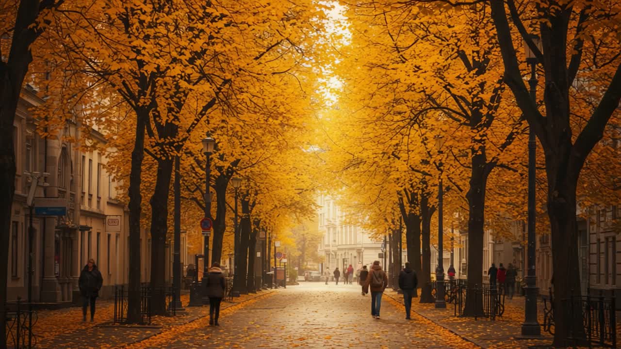 A Serene Autumn Walk Through a Tree-Lined Street Illuminated by Golden Leaves, Showcasing the Beauty of Fall in an Urban Setting, with Strolling Pedestrians and a Welcoming Atmosphere