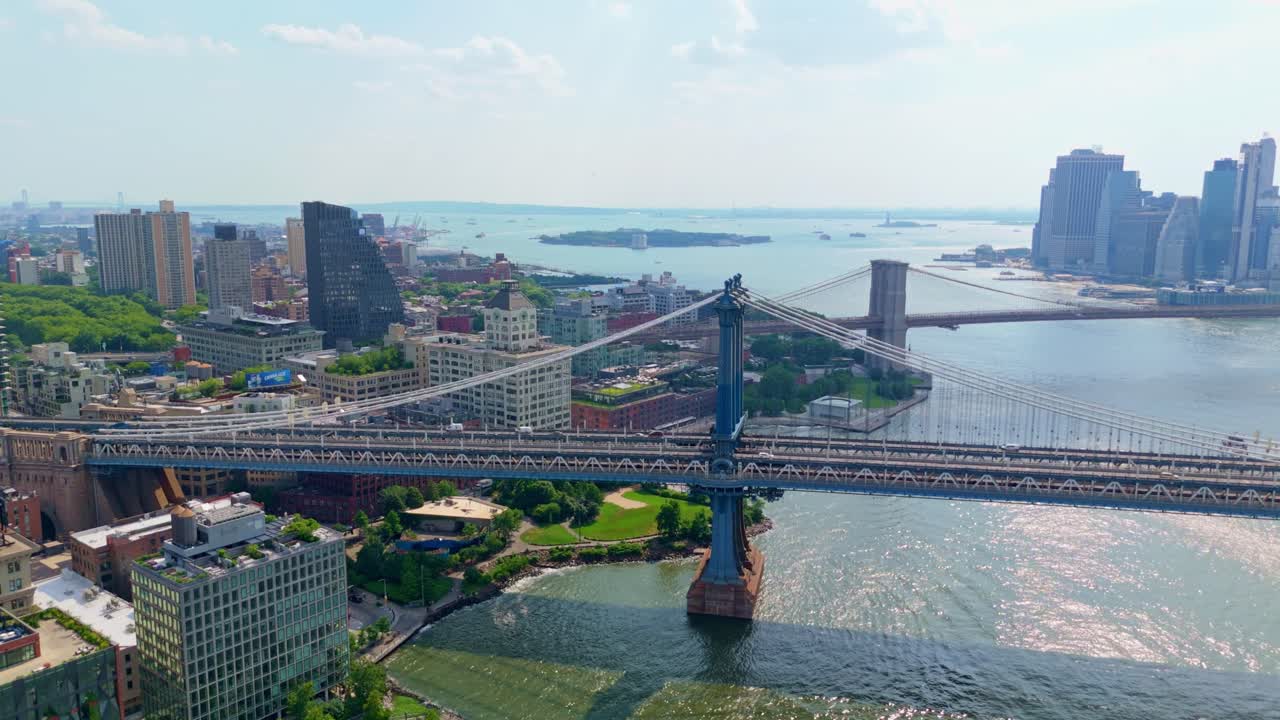 Aerial establisher Manhattan bridge and Brooklyn skyline in New York City