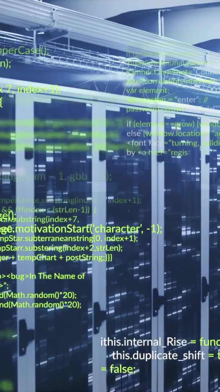 Animation of data processing and mosaic squares against computer server room