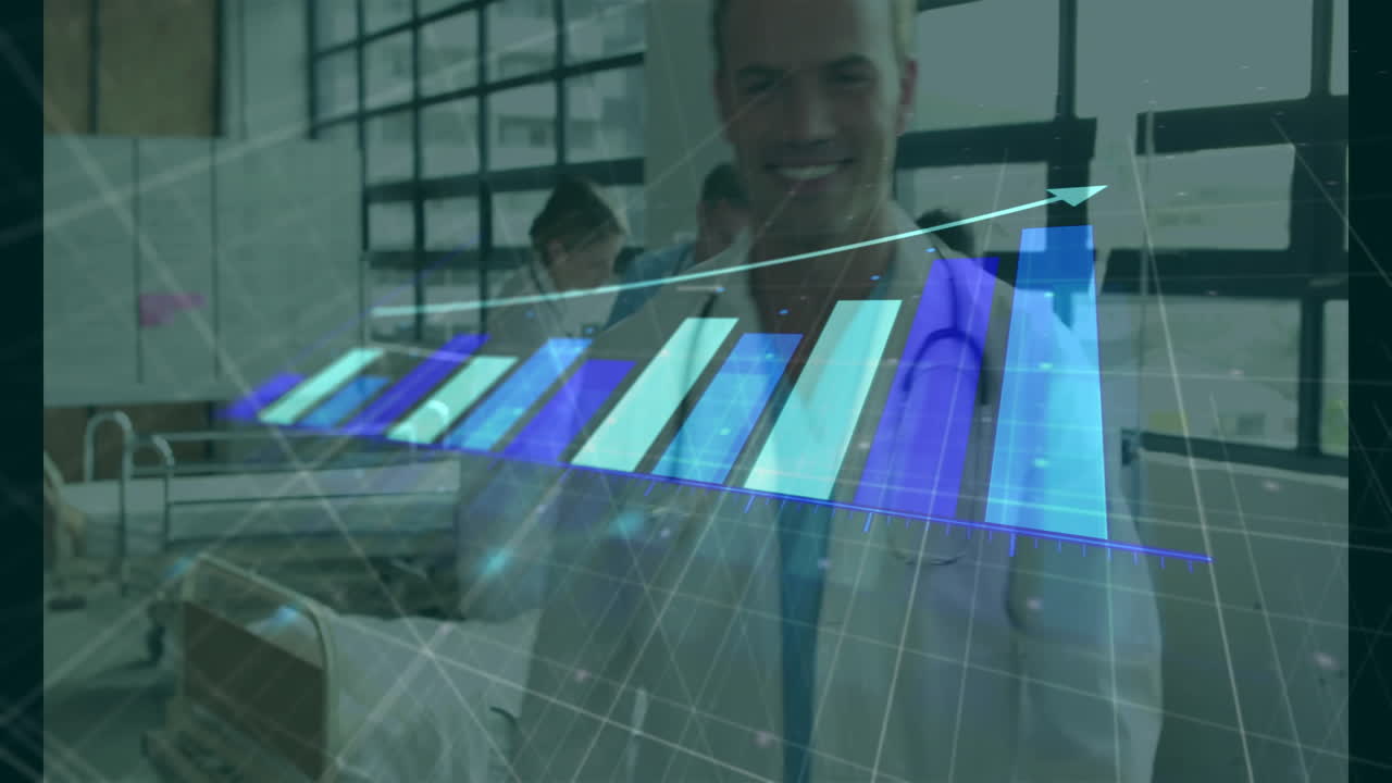 Medical professionals in hospital with data analysis animation over them