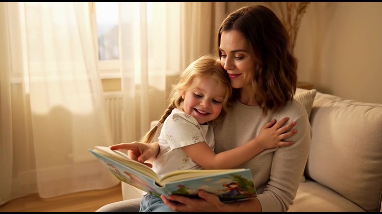 Madre e figlia che leggono insieme un libro di fiabe sul divano