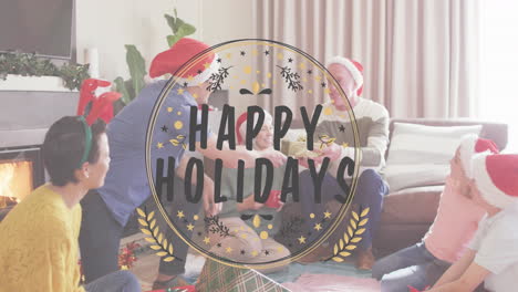 animation of christmas greetings text over caucasian family in santa hats at christmas