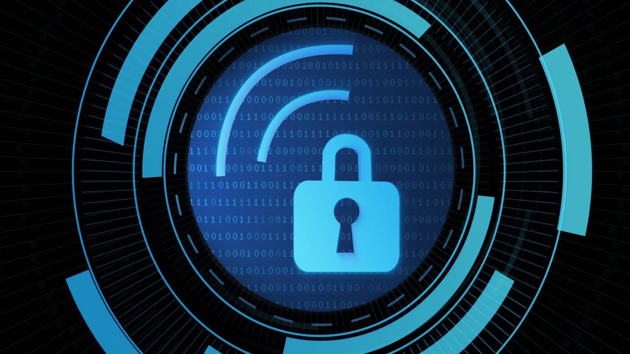 animación de candado digital y wi fi en el círculo de procesamiento sobre fondo negro