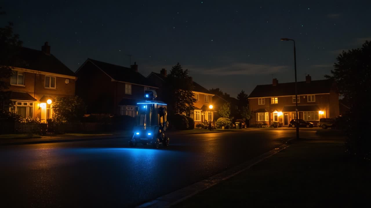 Illuminated Night: A Robotic Vehicle Navigates Through a Quiet Residential Neighborhood Beneath a Star-Studded Sky, Showcasing Modern Technology in Serenity