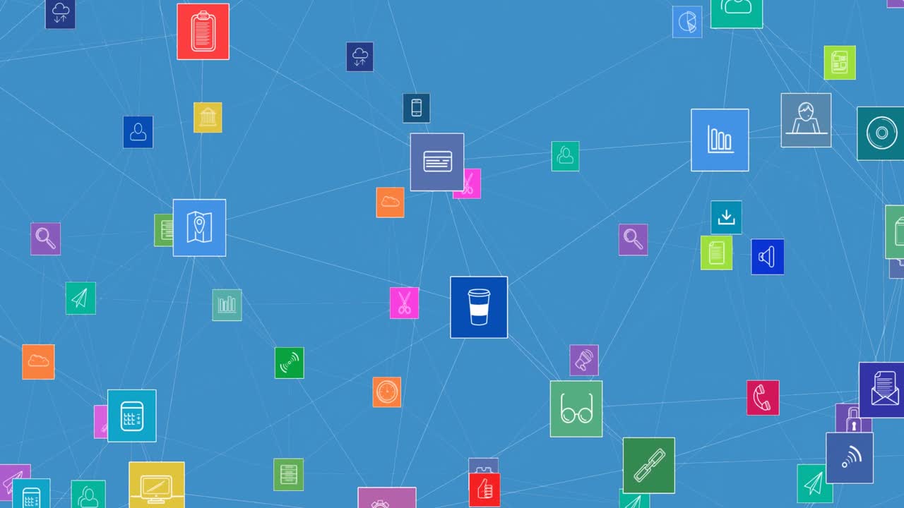 animación de una red de iconos digitales contra un fondo azul con espacio de copia