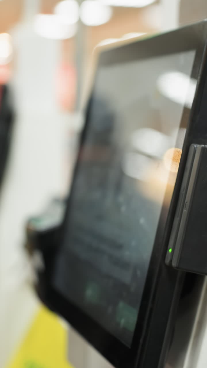 persona interactuando con una interfaz de pantalla táctil en una máquina en un entorno ocupado, mostrando personas borrosas en el fondo