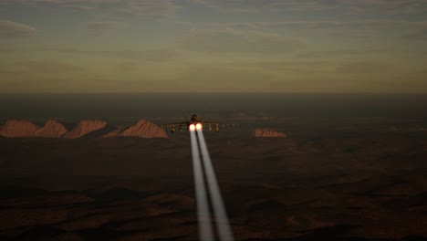 military airplane drops bomb on the battlefield at sunset. war concept