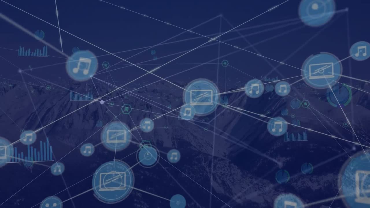 Animation of network of connections with icons over landscape