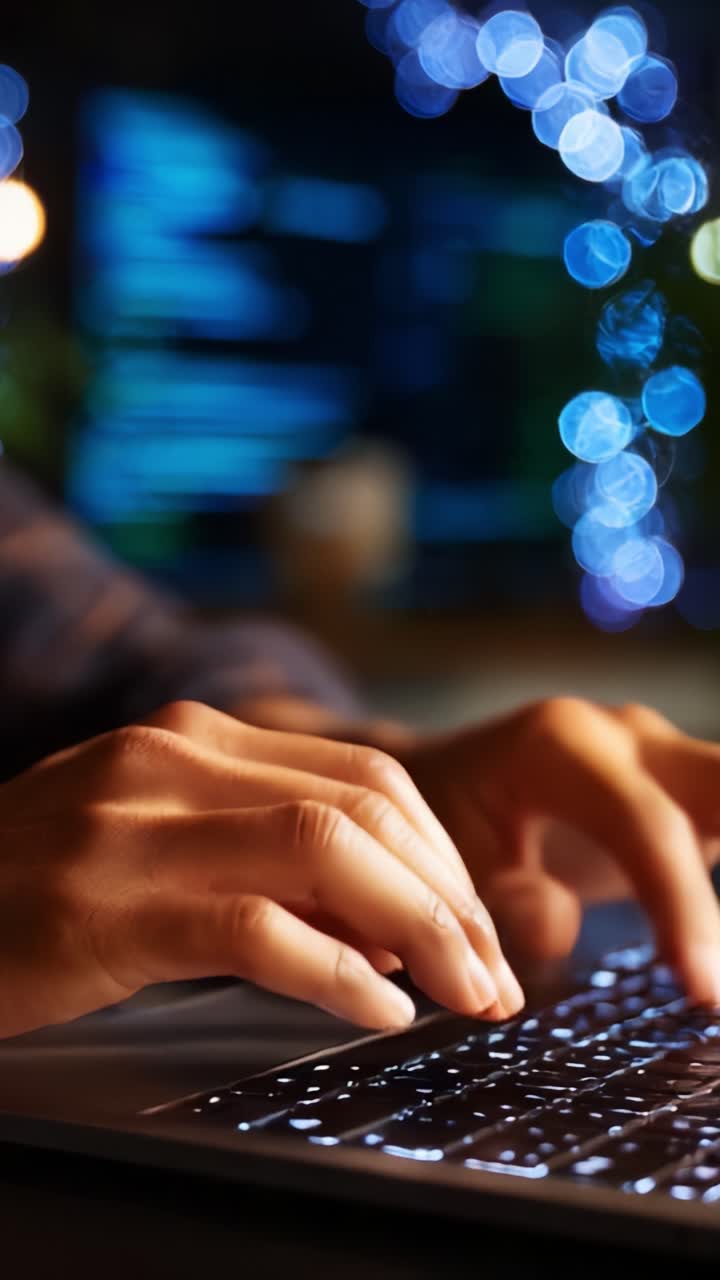 Mani concentrate che digitano su una tastiera di un laptop con sfondo bokeh colorato, a rappresentare tecnologia, lavoro e creatività in un ambiente dinamico