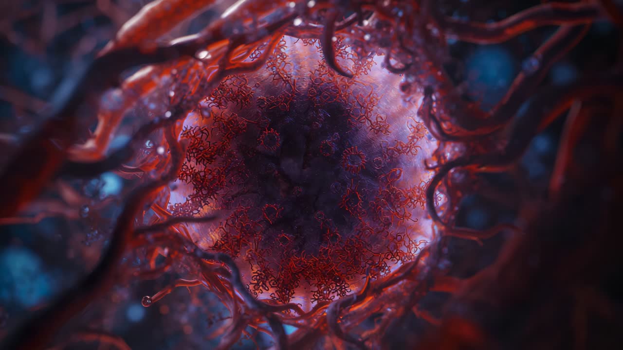 Camera zooming on translucent sphere in microscope showing vessels filaments and droplets for study