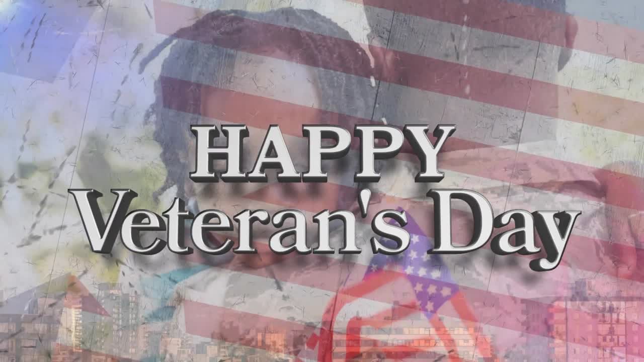 아들을 안아주는 아프리카계 미국인 군인에 대한 미국 국기 위의 행복한 참전용사 날 문자