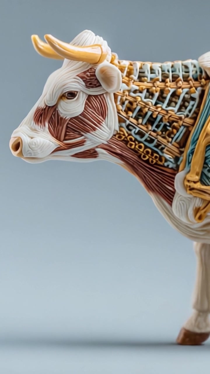 Rappresentazione scultorea intricata di una mucca che mostra artigianato dettagliato e design artistico in una splendida forma tridimensionale