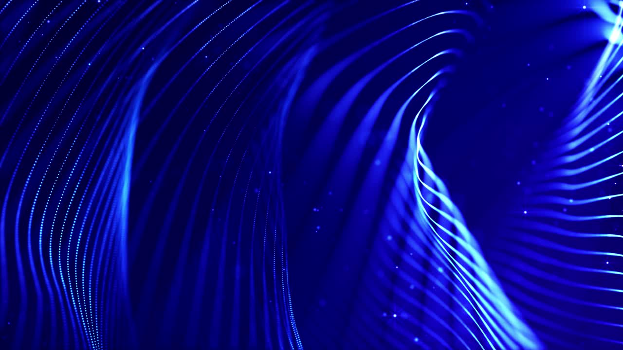 4k 루프 sf 미세 세계 또는 공간의 배경은 보케와 빛 효과로 빛나는 파란색 입자가 선, 표면, 복잡한  구조를 부드러운 움직임으로 형성합니다.