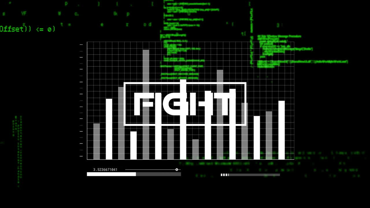 Animation of bar graph with FIGHT text over green digital code background