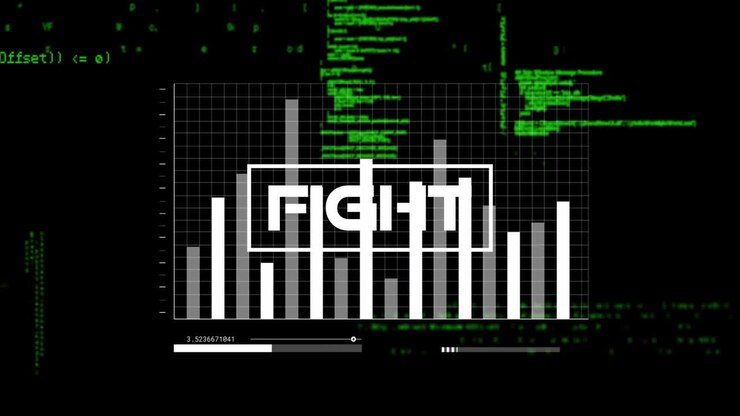 Animation of bar graph with FIGHT text over green digital code background