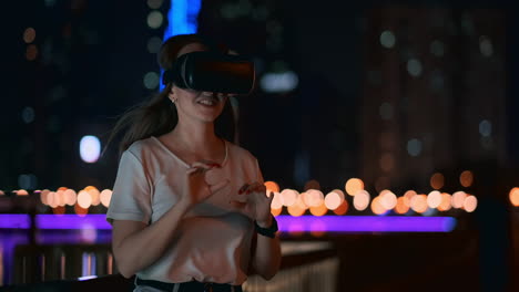 Young-girl-Simulated-virtual-reality-work-in-glasses-in-modern-big-city-at-night-on-my-lanterns-and-beautiful-bokeh-of-passing-cars-and-buildings