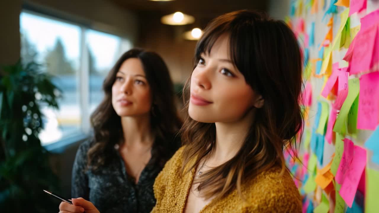 A thoughtful moment captured as two women engage in creative brainstorming, surrounded by a vibrant wall filled with colorful sticky notes, showcasing their collaborative spirit and innovative ideas