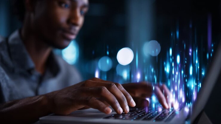 A focused individual working intently on a laptop, surrounded by a vibrant display of digital particles that appear to emanate from the device, symbolizing technology and creativity in a modern setting
