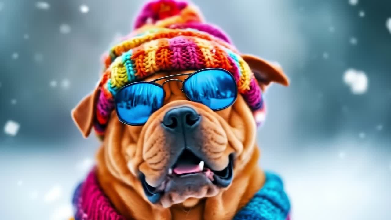 Pes se slunečními brýlemi a v klobouku ve sněhu