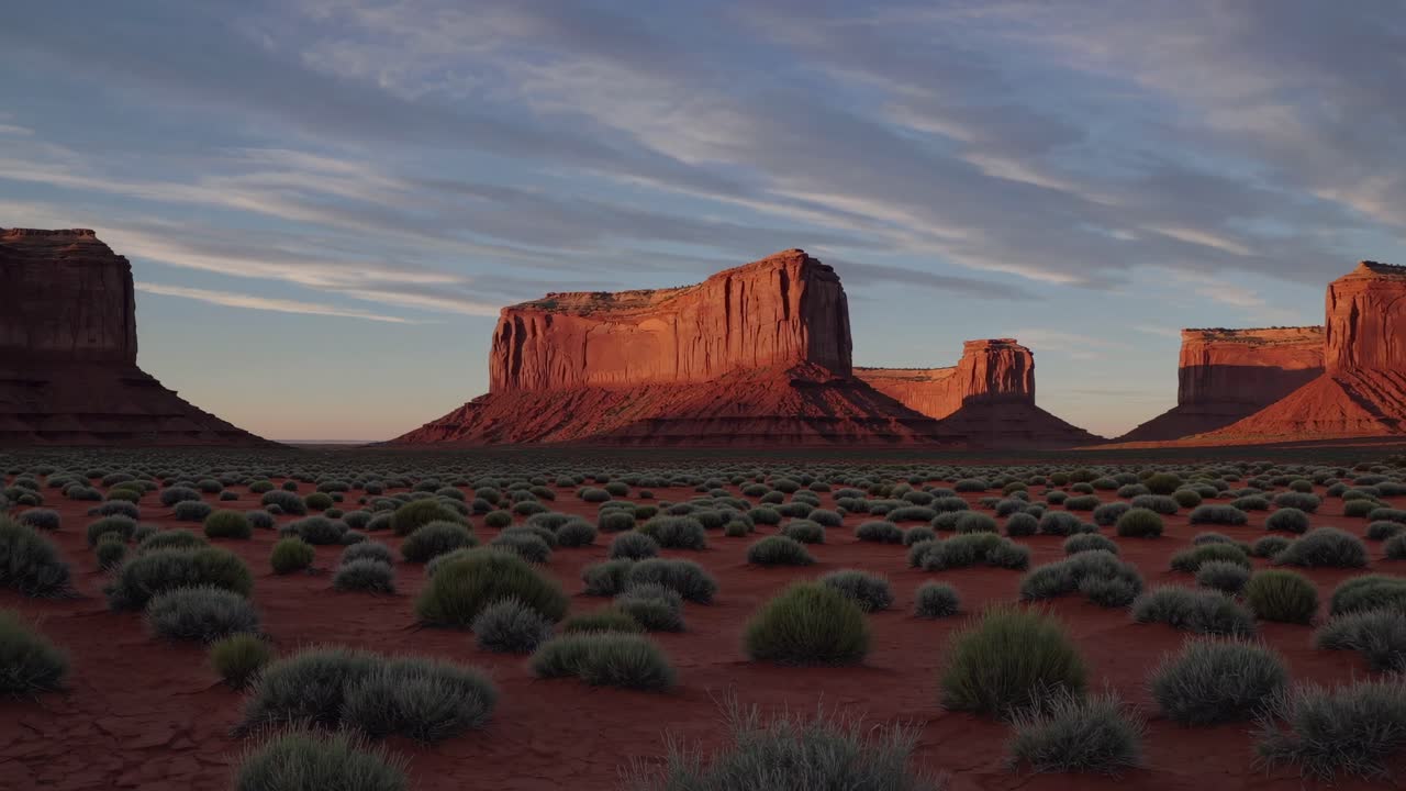 Wide-angle video shot of Monument Valley at sunset, capturing iconic red mesas and desert vegetation