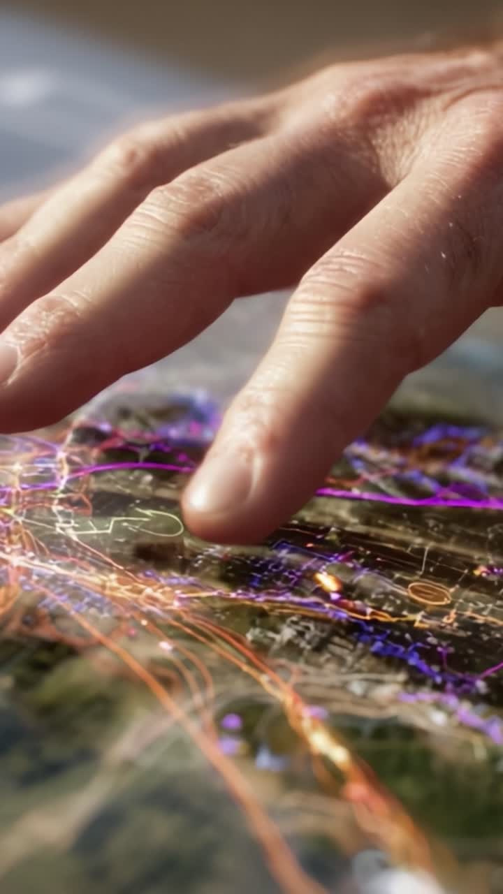 Eine Nahaufnahme einer Hand mit einer detaillierten geografischen Karte, die Routen und Sehenswürdigkeiten durch digitale Verbesserungen hervorhebt.
