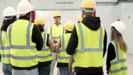 factory, worker and group with question
