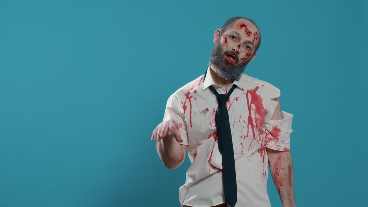 Zombie spaventoso con cicatrici profonde e sanguinanti in piedi su sfondo blu