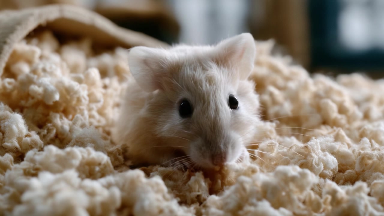 Adorabile criceto comodamente annidato in morbido materiale da lettiera, mostrando la sua curiosità e il suo carattere in un ambiente accogliente.