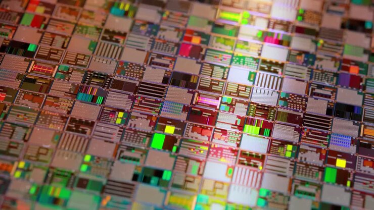Nærbillede af en silicium-halvlederwafer. Inden for elektronik er en wafer, også kaldet en skive eller et substrat, en tynd skive af halvleder, en krystallinsk silicium, der bruges til fremstilling af integrerede kredsløb.
