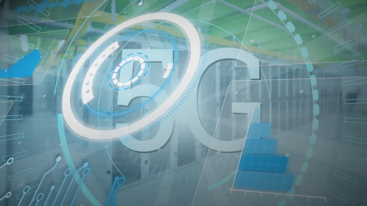 animación de escaneo de alcance con texto de 5g sobre la sala del servidor