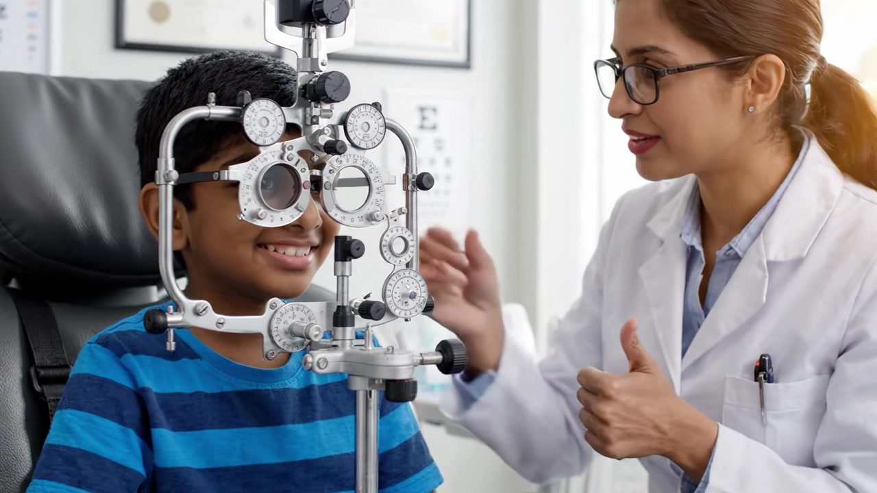 A young boy undergoing an eye examination with a healthcare professional, showcasing a vision test and eye care technology in a clinical setting for improved eyesight.