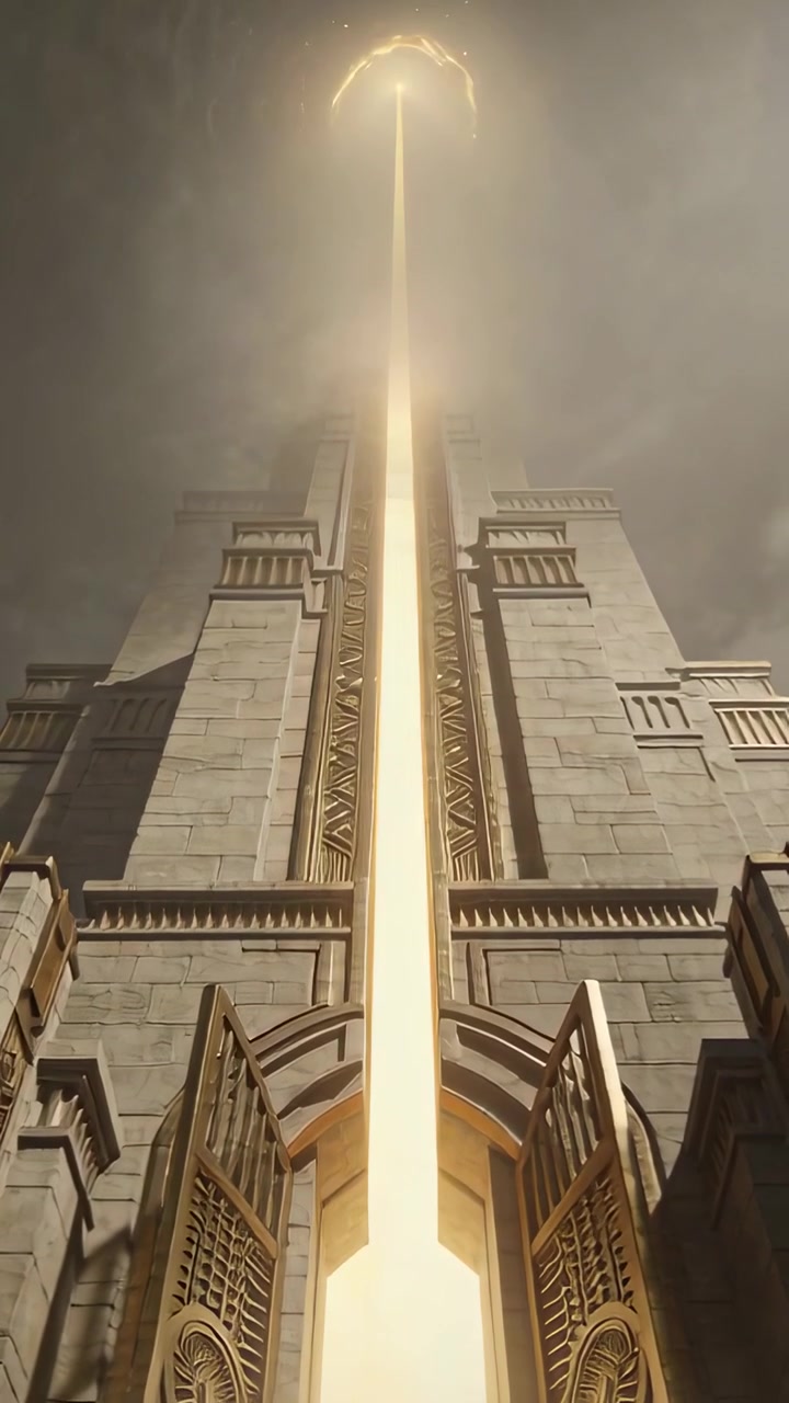 Video verticale: Apertura di porte dorate che rilasciano un fascio di luce che sale su una torre di pietra tra le nuvole formando un'aureola.