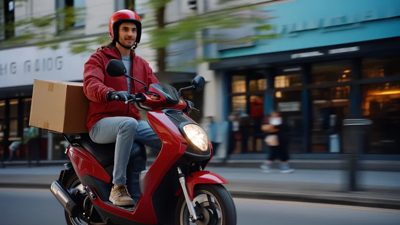 Entregador dinâmico de scooter com pacote em ambiente urbano, exibindo velocidade e conveniência em soluções modernas de logística e transporte.